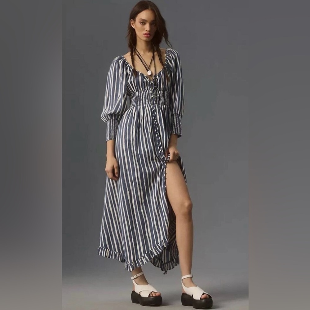 NWT Anthropologie Blue/White Maxi Smocked long dress Medium Petite Retail 178.00